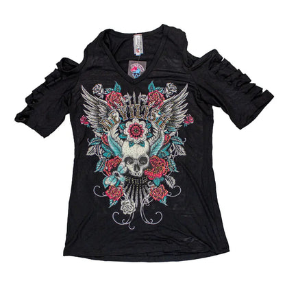 Black top with floral and skull design on a white background