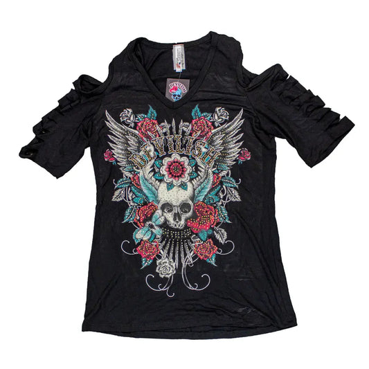 Black top with floral and skull design on a white background
