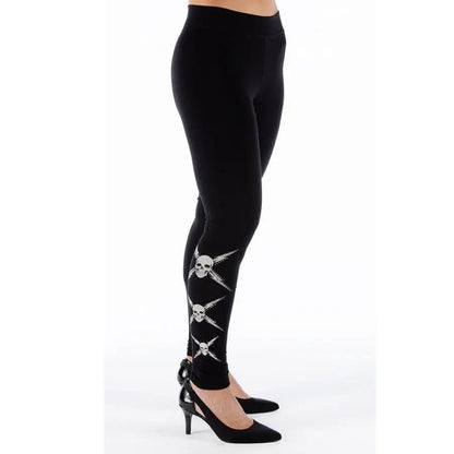 Black rhinestone skull leggings with 3 skull designs at the ankle