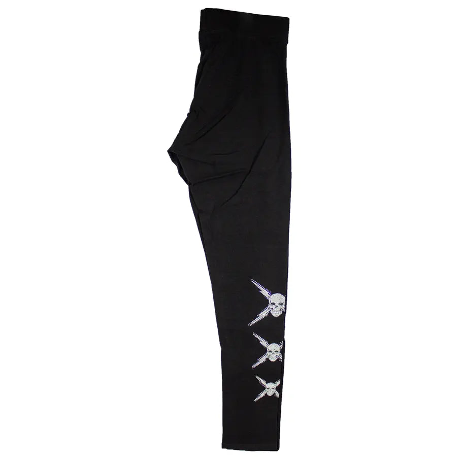 Black rhinestone skull leggings with vertical row of skulls on the thigh