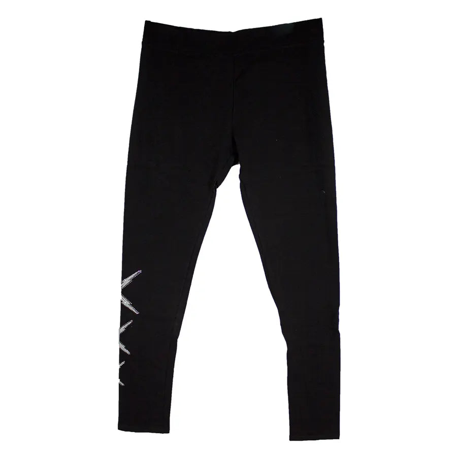 Black rhinestone skull leggings, partial view of skull and crossbones at hem