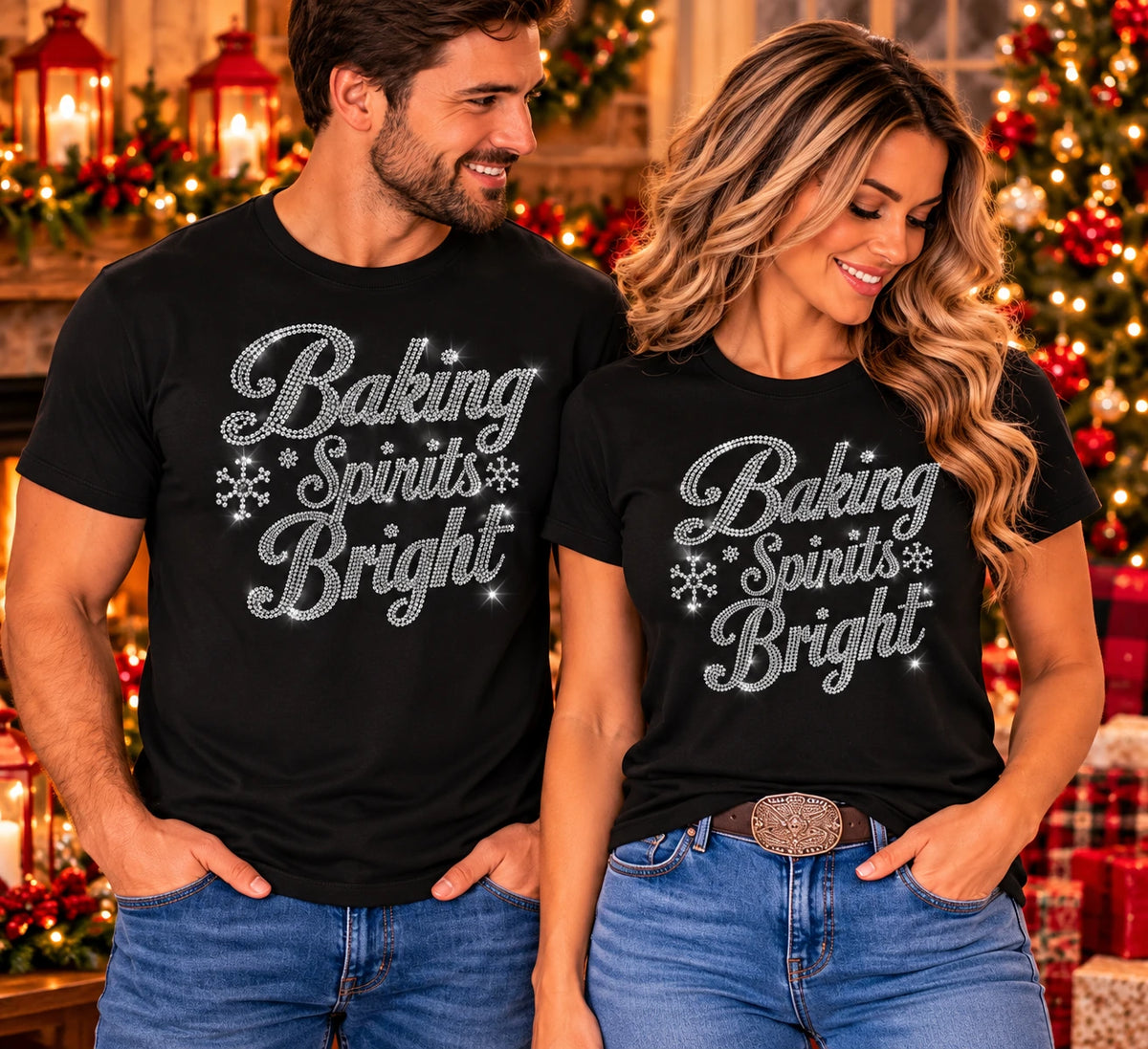 Black Christmas T-shirt with silver rhinestone “Baking Spirits Bright” lettering and snowflakes