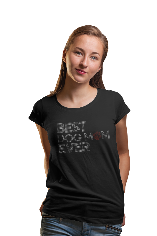 Women’s black crewneck tee with sparkly rhinestone-style “Best Dog Mom Ever” front print