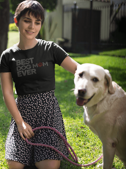 Women’s black crewneck T-shirt with sparkly rhinestone-style “Best Dog Mom Ever”