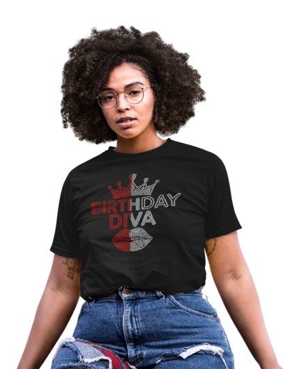 Blingdazzel “Birthday Diva” Rhinestone T-Shirt – Sparkle Birthday Shirt for Women | Glam Party Tee Black