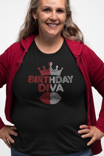 Blingdazzel “Birthday Diva” Rhinestone T-Shirt – Sparkle Birthday Shirt for Women | Glam Party Tee Black