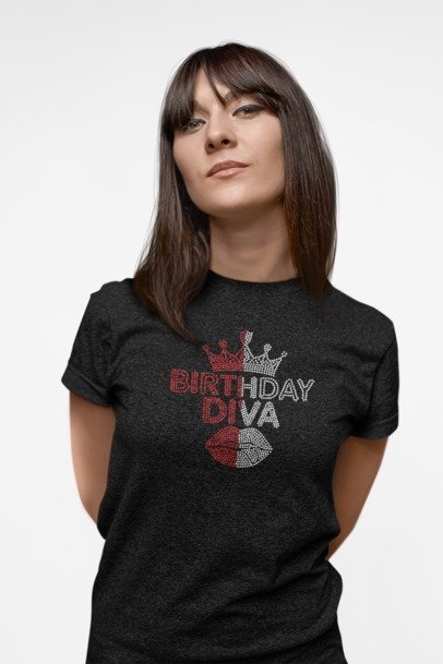 Blingdazzel “Birthday Diva” Rhinestone T-Shirt – Sparkle Birthday Shirt for Women | Glam Party Tee Black