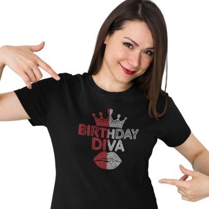 Blingdazzel “Birthday Diva” Rhinestone T-Shirt – Sparkle Birthday Shirt for Women | Glam Party Tee Black