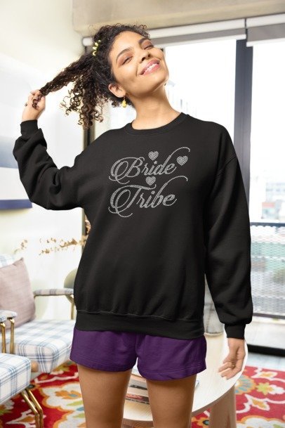 Bride Tribe Rhinestone Apparel – Bachelorette Party Bling Tee, Hoodie, Long Sleeve & Crewneck for Women | Bridal Squad Outfit by Blingdazzel Crew Neck Sweater Black