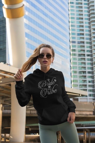 Bride Tribe Rhinestone Apparel – Bachelorette Party Bling Tee, Hoodie, Long Sleeve & Crewneck for Women | Bridal Squad Outfit by Blingdazzel Hoodie Black