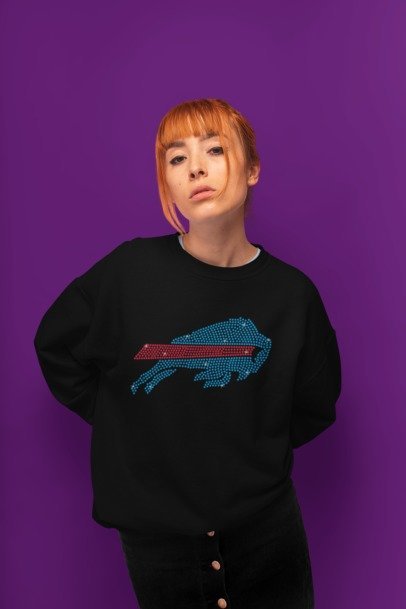 Rhinestone Buffalo Bills Fan Shirt – Sparkle NFL Bling Apparel | Bling Dazzel Crew Neck Sweater Black