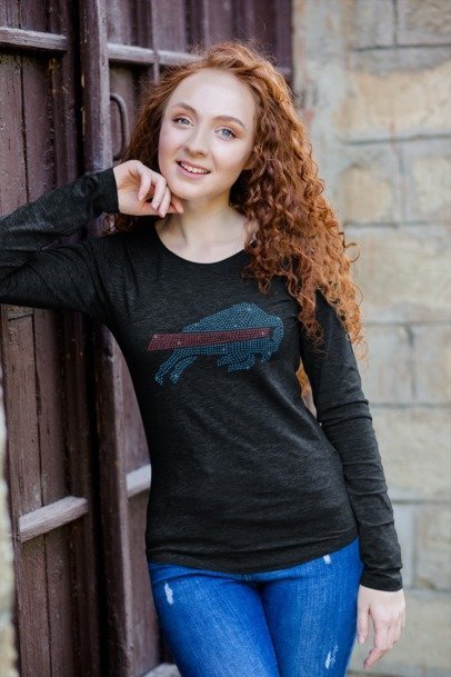 Rhinestone Buffalo Bills Fan Shirt – Sparkle NFL Bling Apparel | Bling Dazzel Long Sleeve T-shirt Black
