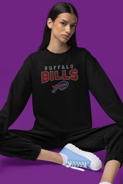 Buffalo Bills Inspired Rhinestone Apparel – Bling Football Tee, Hoodie, Long Sleeve & Crewneck for Women | Sparkle Game Day Fan Gear by Blingdazzel Crew Neck Sweater Black