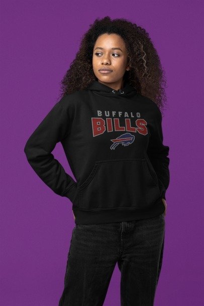 Buffalo Bills Inspired Rhinestone Apparel – Bling Football Tee, Hoodie, Long Sleeve & Crewneck for Women | Sparkle Game Day Fan Gear by Blingdazzel Hoodie Black