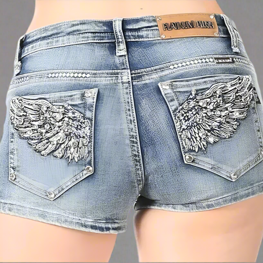 Bus Stop Women's Rhinestone Angel Wing Denim Shorts Blue Denim