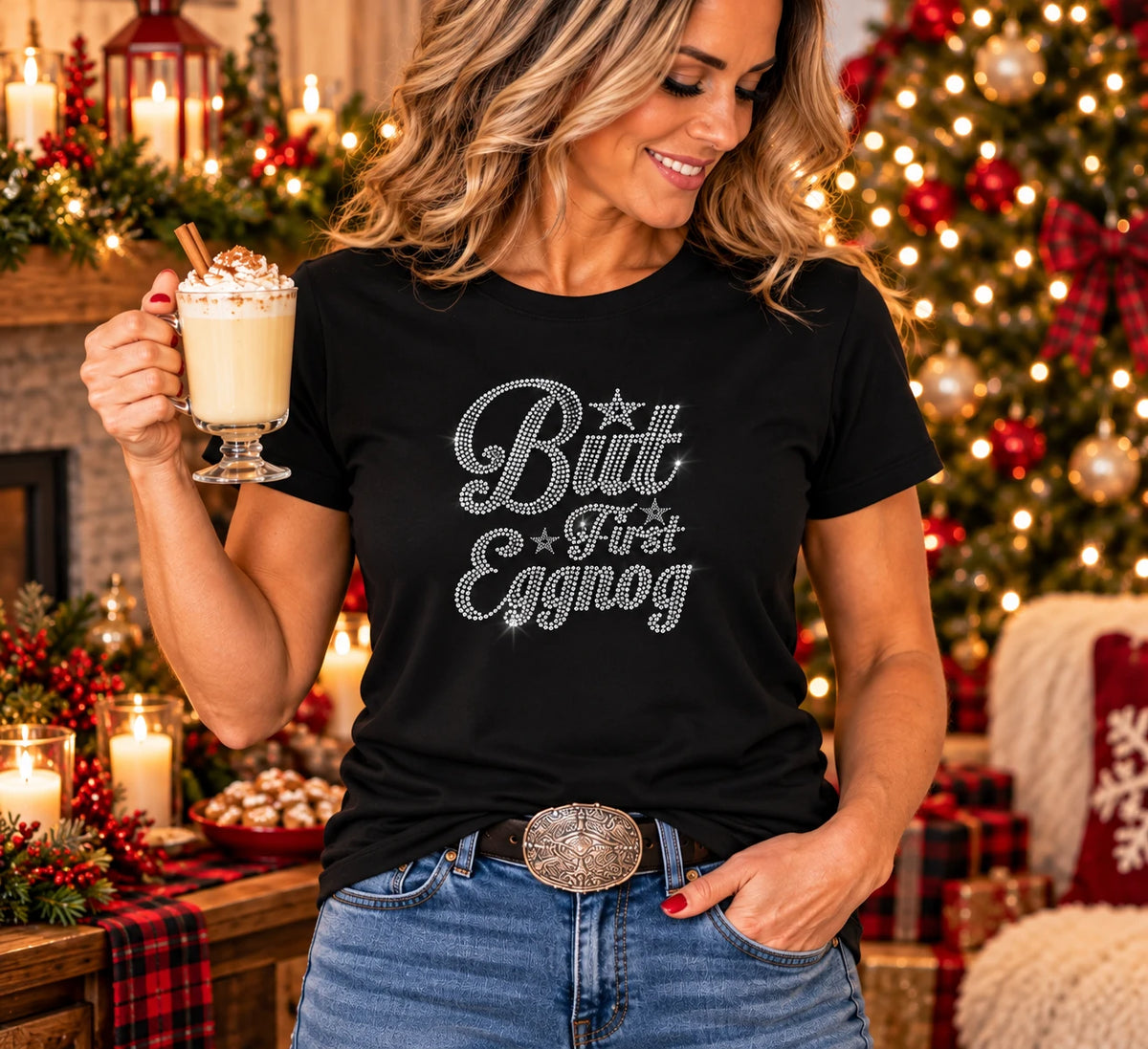 Black T-shirt with silver rhinestone “But First Eggnog” lettering