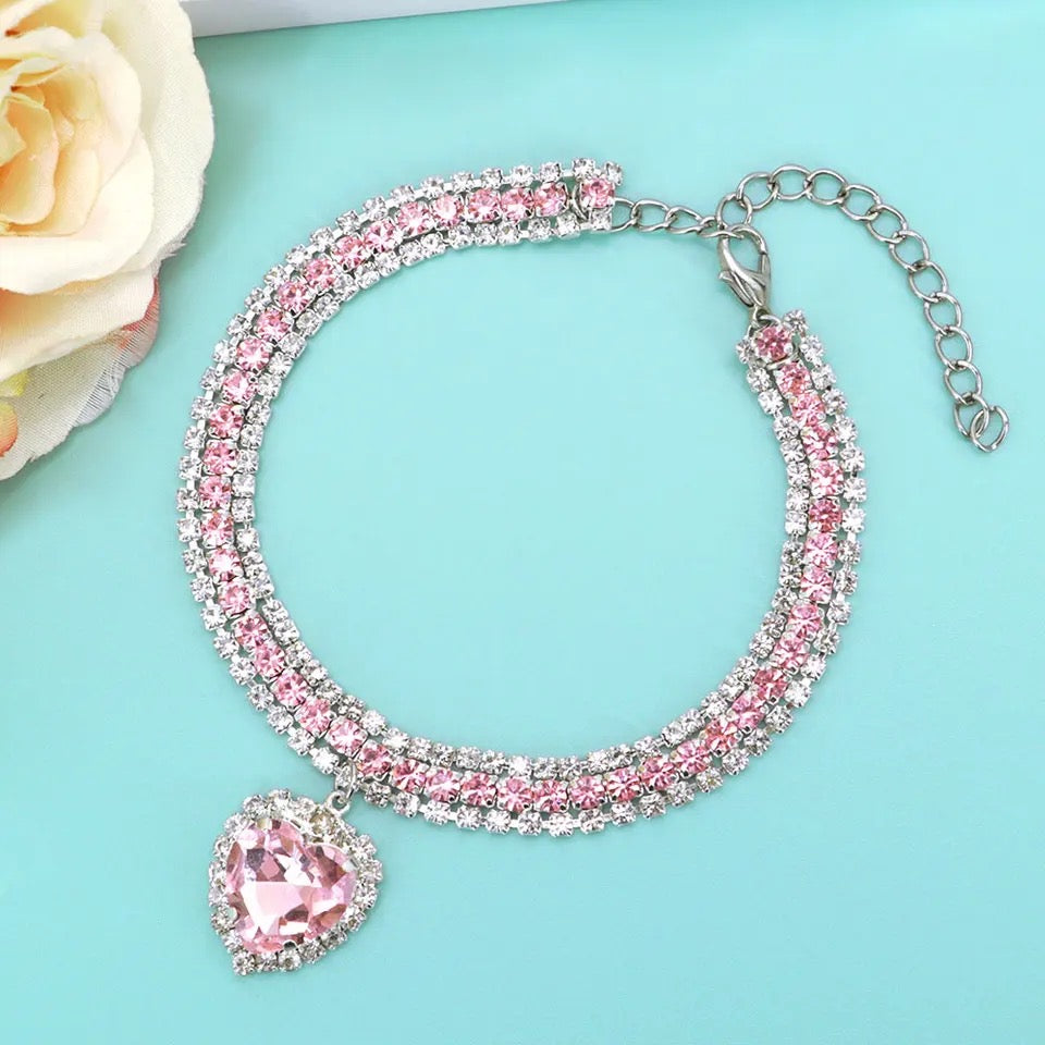 Heart dog necklace with pink rhinestone stones and silver-tone chain