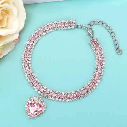 Heart dog necklace with pink rhinestone stones and silver-tone chain
