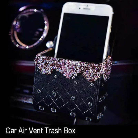 Purple rhinestone car air vent trash box with black quilted body