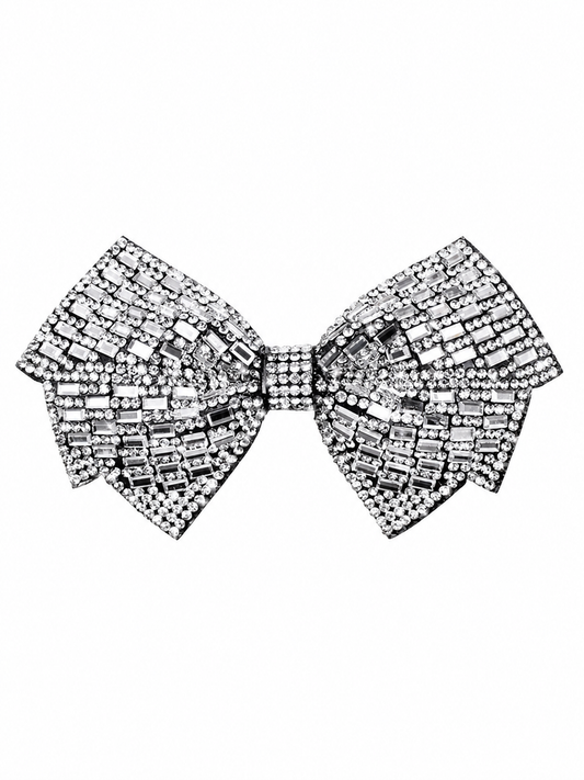 Rhinestone bow with sparkling silver-tone square-cut gems and center clasp