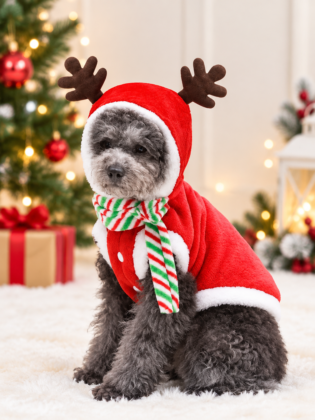 Red Santa-style pet outfit with hood, brown antlers, and striped scarf