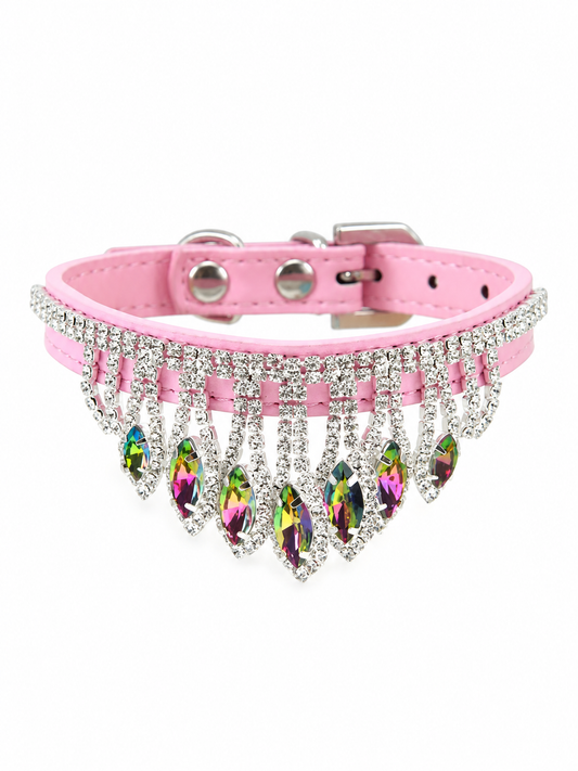 Pink rhinestone dog collar with silver fringe and green teardrop accents