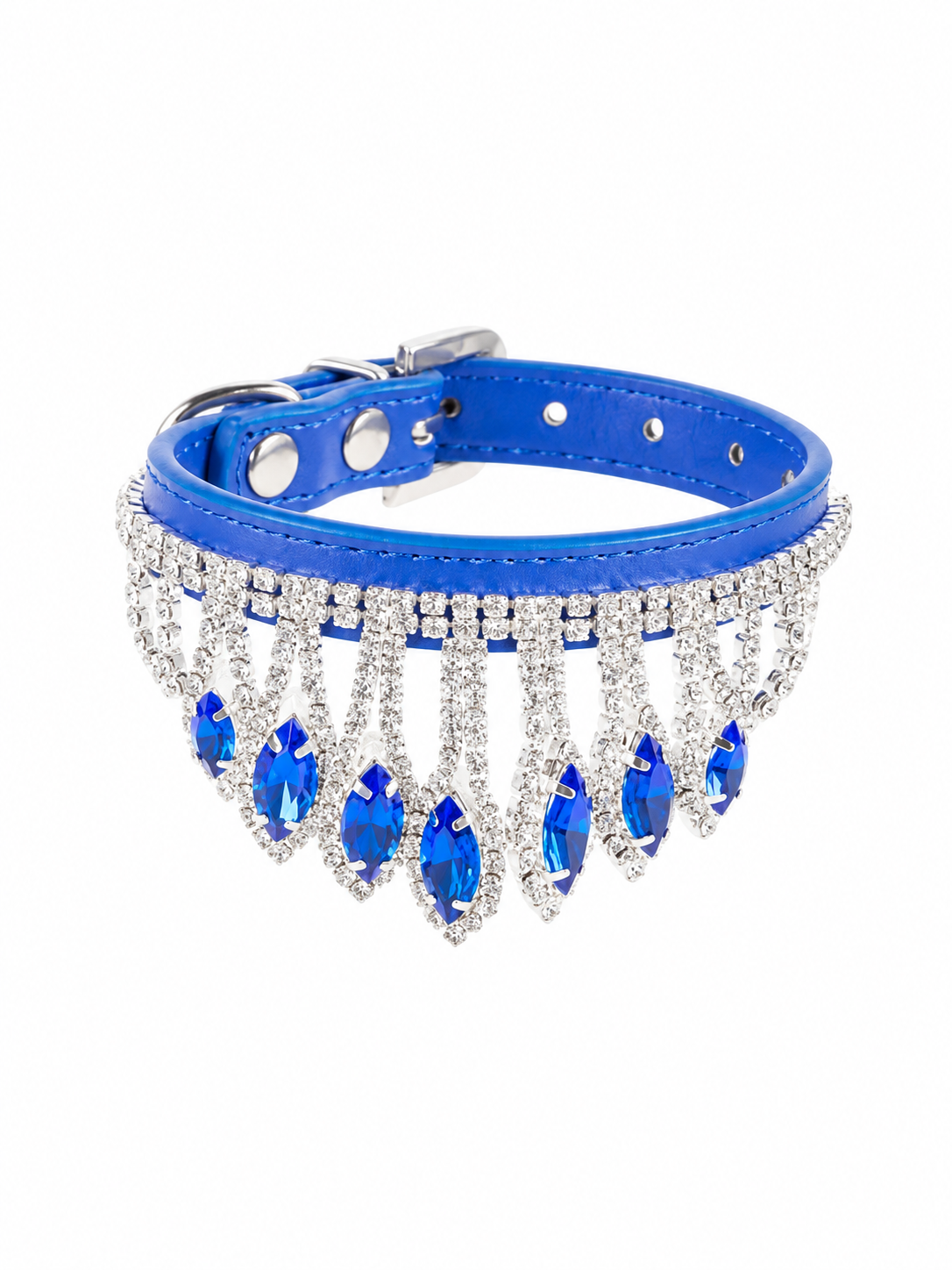 Blue rhinestone dog collar with dangling crystal teardrops and crown-like row