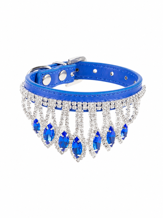 Blue rhinestone dog collar with dangling crystal teardrops and crown-like row