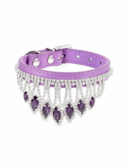 Purple rhinestone dog collar with crystal fringe and buckle