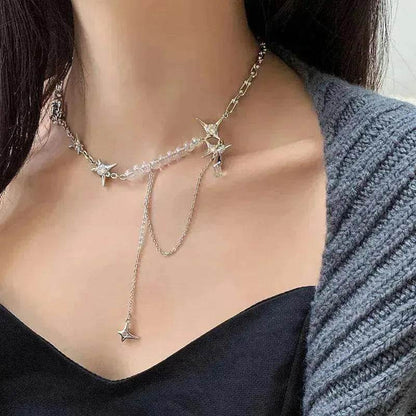 Silver star pendant choker-style necklace with long dangling star drop and layers