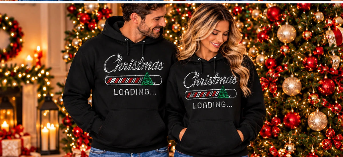 Black hoodie with rhinestone Christmas loading bar and tree design