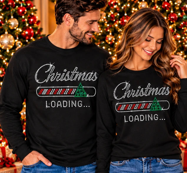 Black long-sleeve shirt with rhinestone Christmas loading bar and tree design