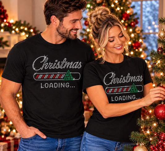 Black short-sleeve T-shirt with rhinestone Christmas loading bar and tree design