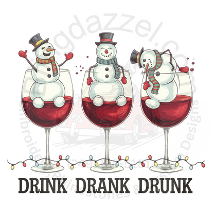 Drink Drank Drunk Christmas Snowman Wine Glass T-Shirt | Funny Holiday Graphic Tee
