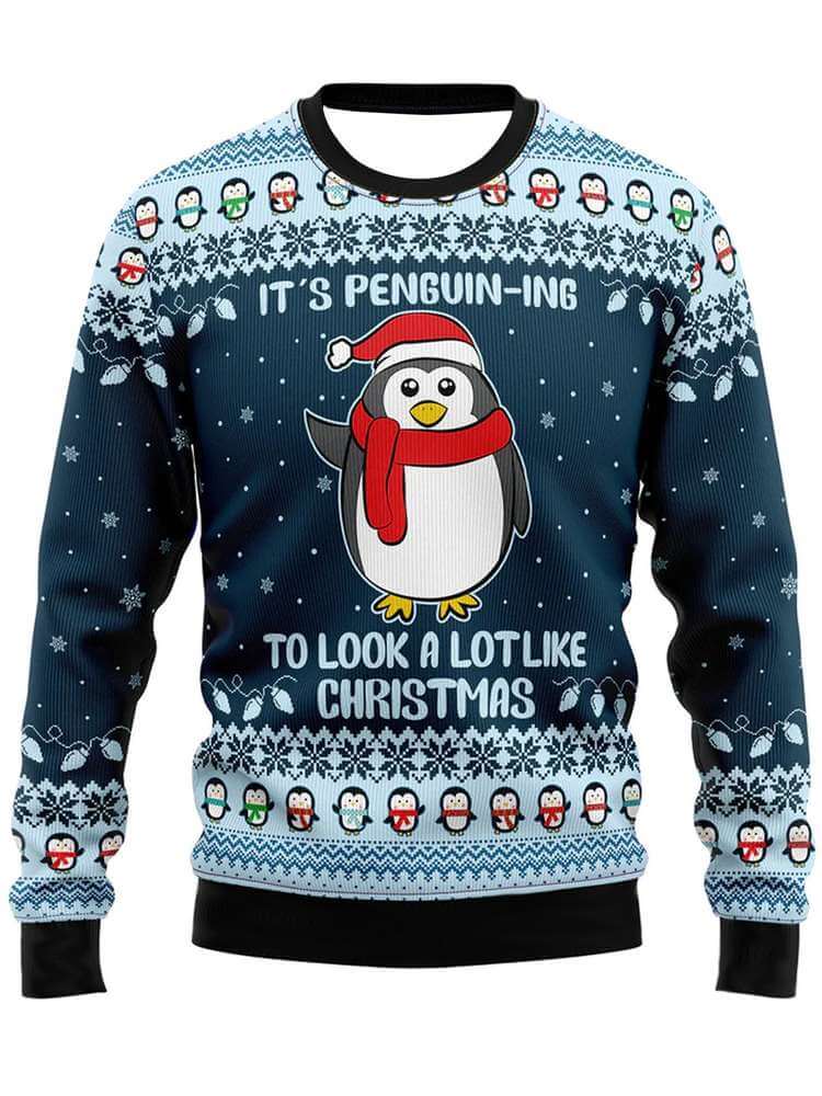 Boy navy penguin Christmas sweater with pom-pom hat graphic, crew neck and snow pattern