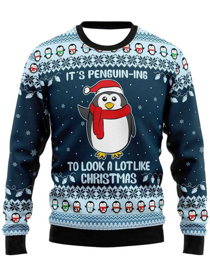 Boy navy penguin Christmas sweater with pom-pom hat graphic, crew neck and snow pattern
