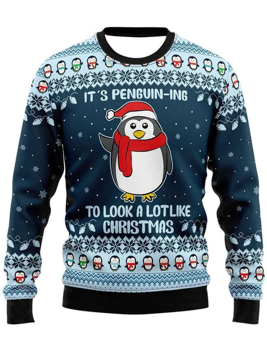 Boy navy penguin Christmas sweater with pom-pom hat graphic, crew neck and snow pattern