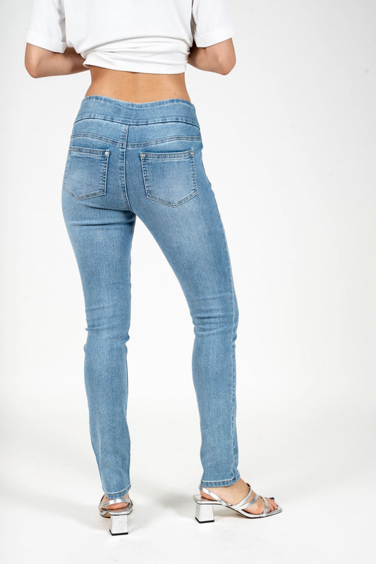 Light blue denim skinny jeans with back pockets and floral embroidery