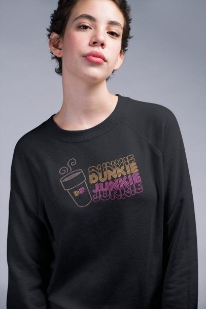 Dunkin Junkie Rhinestone Shirt – Coffee Lover Sparkle Bling Tee | Blingdazzel Crew Neck Sweater Black