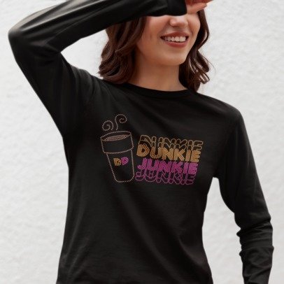 Person wearing a black long-sleeve shirt with 'Dunkie Junkie' graphic design.