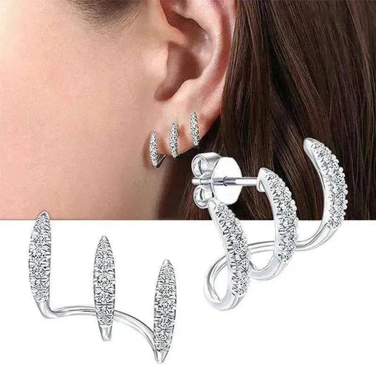 Diamond-inlaid hoop earrings, crescent open-arch design with hinge back, silver