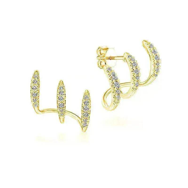Gold-tone diamond-inlaid hoop earrings, triple open-arch zigzag design