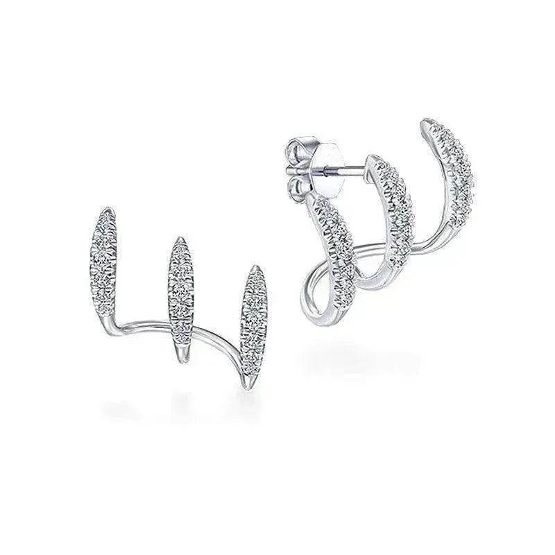 Silver diamond-inlaid hoop earrings, triple open-arch zigzag design