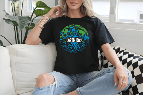 Black Earth Day graphic T-shirt with green globe tree and blue roots