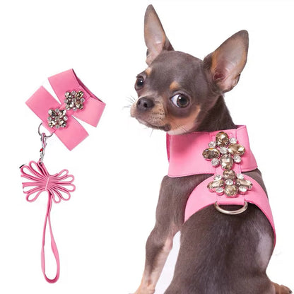 Pink dog harness with rhinestone bow and matching leash