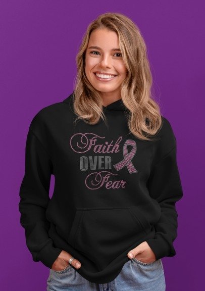Faith Over Fear Breast Cancer Rhinestone Shirt – Pink Ribbon Sparkle Bling Tee | Blingdazzel HOODIE