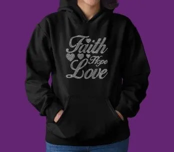 Black hoodie with 'Faith Hope Love' text on a purple background