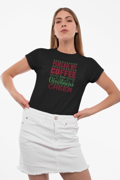 Fueled by Coffee and Christmas Cheer Rhinestone T-Shirt by Blingdazzel.com – Red & Green Crystal Holiday Bling Tee for Women – Sparkly Christmas Coffee Lover Shirt
