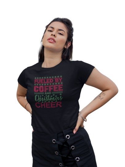 Fueled by Coffee and Christmas Cheer Rhinestone T-Shirt by Blingdazzel.com – Red & Green Crystal Holiday Bling Tee for Women – Sparkly Christmas Coffee Lover Shirt