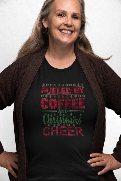 Fueled by Coffee and Christmas Cheer Rhinestone T-Shirt by Blingdazzel.com – Red & Green Crystal Holiday Bling Tee for Women – Sparkly Christmas Coffee Lover Shirt